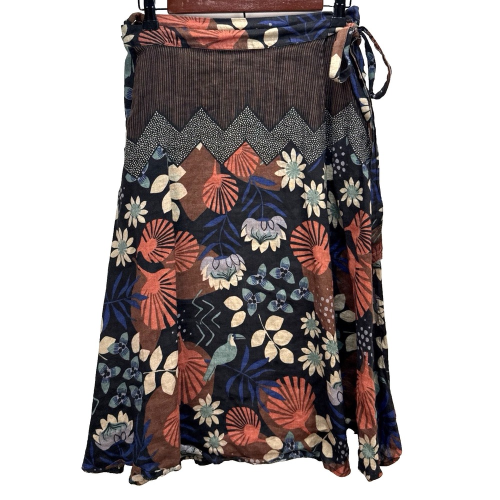 Gudrun Sjoden Midi Wrap Skirt Size S Floral Bird Print‎ Linen Modal Pocket